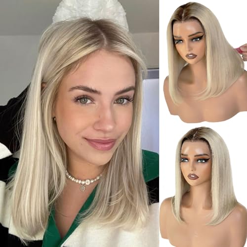 Dichte 200% Perücke Echthaar Aschblond mit hellbraunen Ansätzen 13x4x1 Spitzenfront Perücken aus 100% Remy EchthaarLänge 30 cm für Blond Perücke Damen Alltag Party Chemotherapie Human Hair Wigs