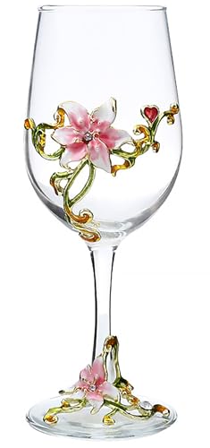 XUDREZ Handmade Painted Enamel Flower Gin Balloon Glass Wine Glass Birthday Gifts for Women Mum Friends Mothers Day Lead-Free (Pink Lily)
