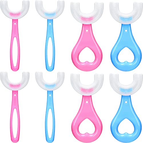 8 Pack Kids U-Shaped Toothbrush with Soft Silicone Brush Head Whole Mouth Toothbrush 360-Degree Oral U-Type Kids Toothbrush for Toddler Kids 1-12 Years Old, Pink, Blue