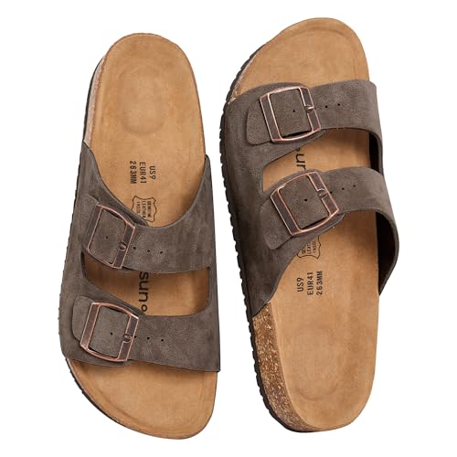 AugSun Womens Cork Footbed Sandals Adjustable Double Buckle Slip-On with Genuine Suede Insole Arch Support and Deep Heel Cup Comfort Slides