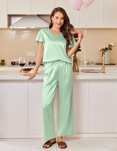 Image of Ekouaer Women's Satin Silky Pajama Set 2 Piece Short Sleeve Shirt with Long Pants Pjs Sets Soft PJ Loungewear S-XXL