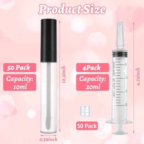 50 Pcs Empty Lip Gloss Tubes 10 ml Lipgloss Tubes Bulk with 4 Pcs Syringes, Refillable Clear Lipgloss Balm Bottles for DIY Makeup, Lipstick Samples, Lip Balms2