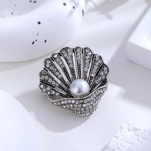 Image of Seashell Brooch Pin White Pearl Crystal Shell Lapel Pin Vintage Clam Shell Badges Women Men Suit Coat Jewelry Chic Dress Sweater Jacket Decors