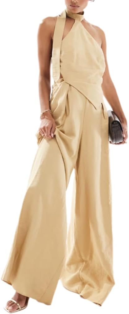 Wuitrie 2 Piece Sets for Women Going Out Tie Up Backless Halter Tops Wide Leg High Waisted Pants Business Casual Work Outfits