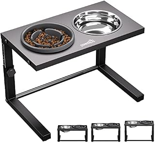 Pecute Raised Dog Slow Feeder Bowl Set, Durable Iron Feeding Stand with Adjustable Heights, Elevated Double Bowls for Small Medium Dogs (Stainless Steel Water Bowl 1250ml + Slow Eating Bowl 600ml)