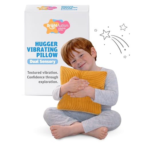 Image of Bright Autism Hugger Pillow for Dual Sensory Needs- Calming Vibrating Yellow & Blue Pillow for Kids. Relaxing Tool that Helps Children Soothe Stress or Anxiety. Perfect Sleep aid for a Sensory Room.