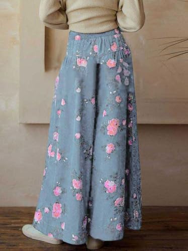 chouyatou Women's Boho Wide Leg Floral Denim Pants Pleated Elastic Waist Drawstring Palazzo Jeans4