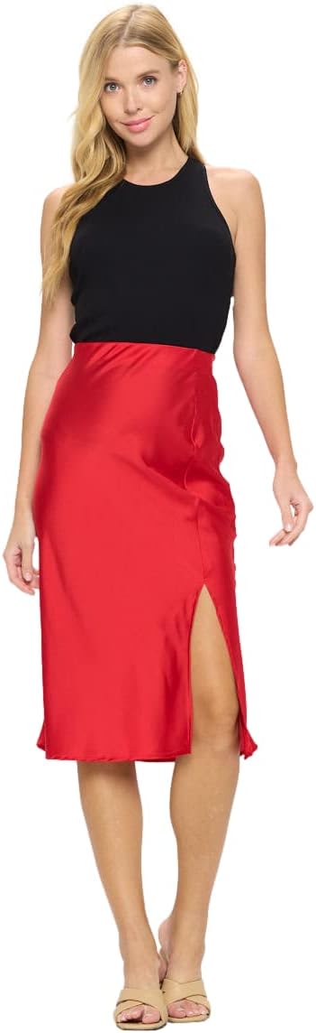 Women Solid High Waist Satin Midi Slit Skirt - Made in USA