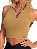 AARYA Cropped Workout Tank Tops for Women Built in Bra Half Zip High Neck Sports Bras Medium Support Sleeveless Athletic Top Khaki M