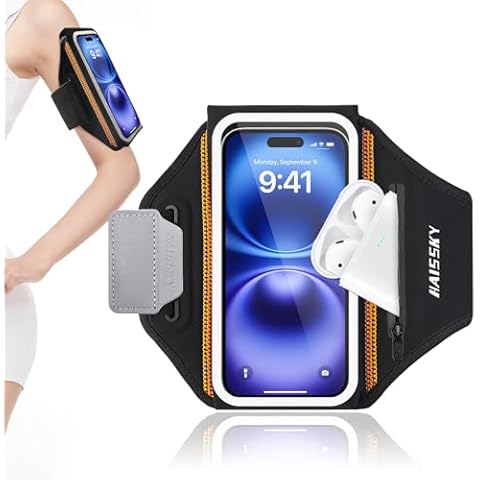 [Fits Up to 6.8'' Phone] Phone Holder for Running, Running Armband with Earphone Bag, 3D Design Waterproof Sports Arm Bands Cell Phone Holder with Key Slot for iPhone 16/14/13 Pro/Plus and S24/S21 Cover
