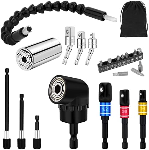 22pcs Flexible-Drill-Bit-Extension Set, 105°Right-Angle-Drill Attachment,Hex Shank Drill-Bit-Kit Rotatable Joint Socket 1/4 3/8 1/2 In Hex Socket Adapter Bendable Drill-Bit-Extension Screwdriver Bit