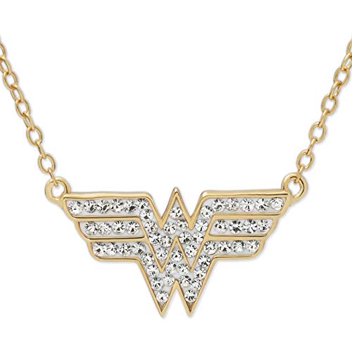 DC Comics Wonder Woman Jewelry for Women, Yellow Gold Plated Crystal Logo Pendant Necklace, 18