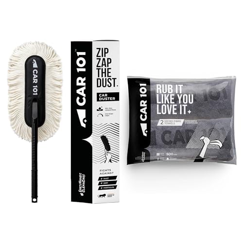 Image of CAR101 Zip-Zap Car Duster with 2 Microfiber Towels - 75x35 cm - 500 GSM - Grey | Multipurpose | Lint-Free | Superior Softness & High Absorbency | Microfibre Towels for Car, Bike & Household Cleaning