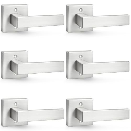 Probrico Brushed Nickel Half Dummy Levers, Square Non-Turning Door Knobs for Left or Right Handed Doors, Interior Inactive Door Handle for Closet or Pantry (6 Pack, Single Side, Exposed Screws)
