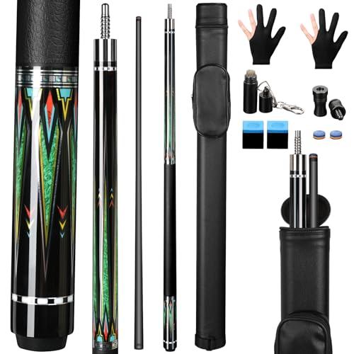 AKLOT Carbon Fiber Pool Cue Stick 58", Billiard Cue Sticks 19-19.5oz, Low Deflection Billiard with 12.5mm Rainbow Tip, Professional Carbon Fiber Pool Sticks for Adults, Green