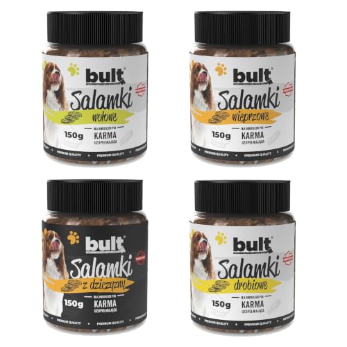 BULT Salamki dla Psa Mix Smaków Dziczyzna Wołowina Wieprzowina Drób 4x150g dla Dorosłych Psów Przysmaki Treningowe