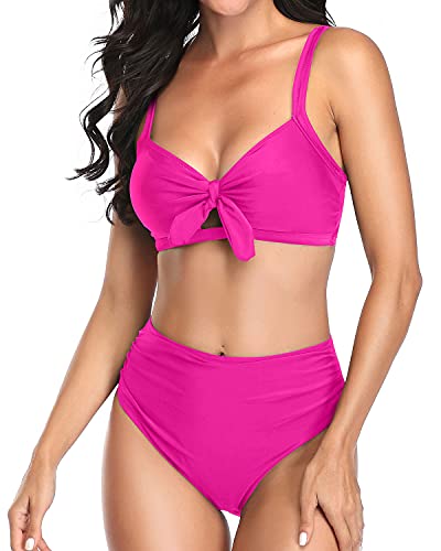 Tempt Me Women Hot Pink Tie Knot Front Bikini High Waisted Ruched Tummy Control Cute Two Piece Swimsuits S