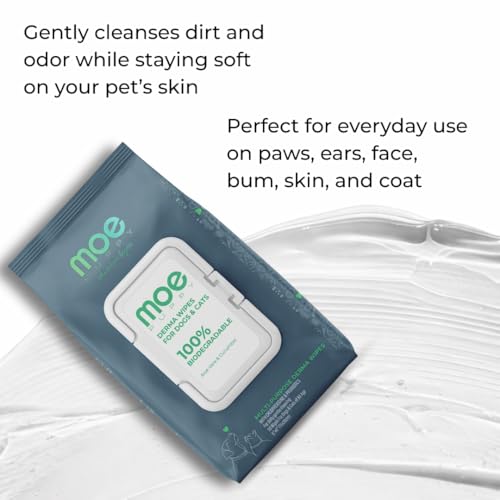 Image of Moe Puppy Derma Wipes for Dogs & Cats | 100 Wipes (Pack of 2) | Biodegradable Pet Wipes | Chlorhexidine & Probiotics | Anti-Itch, Antibacterial | Aloe Vera & Cucumber | Daily Cleaning