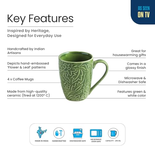 Image of ExclusiveLane 'Green Flora' Ceramic Coffee Mugs Set of 4 (Set of 4, 290 ml, Microwave and Dishwasher Safe, Hand-Embossed) | Ceramic Coffee Mug Coffee Cup Set of 4 Tea Mugs Set Tea Cups Ceramic Mugs