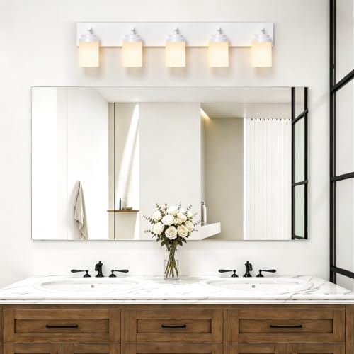 Image of IZORRO Bathroom Light Fixture White, White Glass Shade 36-Inch 5-Light