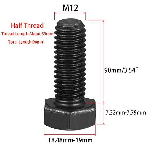 Image of M12-1.75 x 90mm Carbon Steel Grade 8.8 External Hex Head Screw Bolts Metric Thread Hexagon Bolts Fastener for Hardware Furniture Machinery Black 5pcs