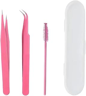 Tweezers, 2Pcs Eyelash Extension Tweezers and 1Pcs Eyelash Brush , Straight and Curved Tip Tweezers, Stainless Steel Tweezers Kit, for DIY, Nail Art, Craft, Eyelash Extensions