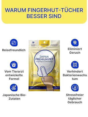 Japan Premium Pet Fingerpads/Ohrenreiniger für Hund & Katze | Sanfte Ohren Reinigung mit Aloe Vera, Malinsäure & Hamamelis | Finger Ohrentücher Gegen Geruch & Schmutz | Ihre Hundepflege AUR 35 STK.