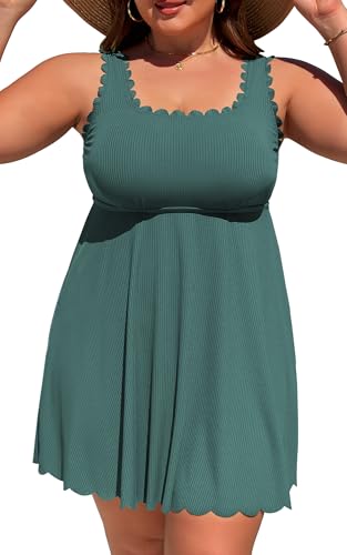 Charmo Women Plus Size Swim Dress Scalloped One Piece Bathing Suit Green