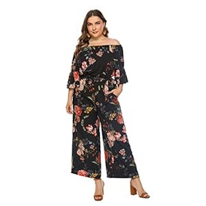 Love Welove Fashion Women's Summer Floral Off Shoulder ruffled Short Sleeve High Waist Wide Leg Pants Casual Loose Jumpsuit Romper (L, Black floral)