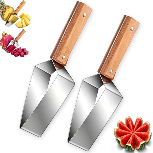 Cortador triangular para sandía, cortador de fruta de acero inoxidable con mango de madera, utensilio de cocina para cortar fruta con funda protectora para la cuchilla, ideal para sandía (2pcs)