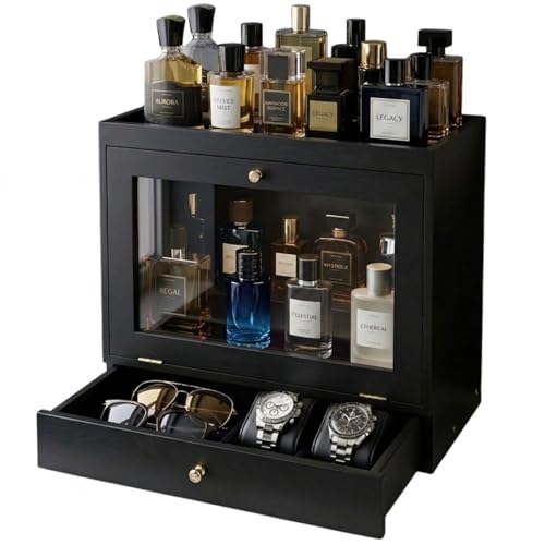 Vellabliss Cologne Organizer for Men Large Capacity Solid Wood Perfume Organizer with Dustproof Acrylic Door and Drawer Storage Display Cologne Stand for Dresser Ideal Gift for Men