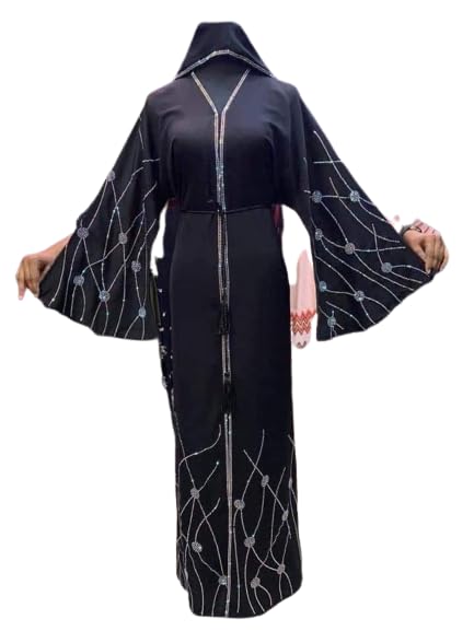 Samaira Fashion Black Nida Abaya with Rainbow Stones Long Korean Maxi Dress Long Sleeves Evening Dress Abayas for Women Muslim Party Wear Naqab Hijab Burkha