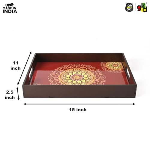 Image of GKD Serving Tray Set for Serving | Premium MDF Tea Coffee | Red Mandala Art