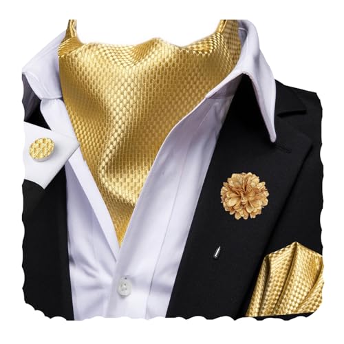 Hi-Tie Ascot Lapel Pin Set Mens Cravat Ties for men Wedding Scarf Tie Party Business Formal Tuxedo,Gold Plaid