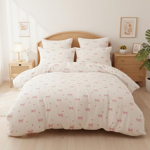 Image of Nayoroom Pink Bow Duvet Cover Full Size Coquette Pink Heart Duvet Cover 3 Pieces Soft Lightweight Microfiber Kids Girls Cute Aesthetic Dorm Bedding Set