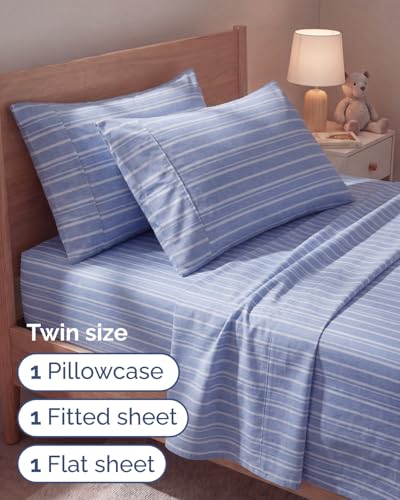 Image of Twin 4 Piece Bed Sheet Set - Breathable & Cooling Sheets - Blue Stripes | Ultra Soft Hotel Luxury Bedding Set with 8-16 Inch Deep Pockets, 1 Flat & 1 Fitted Sheet & 2 Pillowcases, Wrinkle & Fade Free