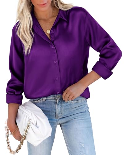 siliteelon Satin Blouses for Women Silk Button Down Shirts Casual Long Sleeve Shirt Business Office Work Tunic Tops