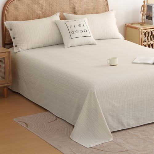 Image of Story@Home Linen King Size Bedsheet Cotton Textured Flat Sheet with 2 Pillow Covers Super Soft Bed Sheet for King Size Bed | 300 TC Striped Pattern | 250 x 270 cm | Ivory