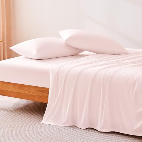 Image of Amazon Basics Cooling Sheets, 4-Piece Bed Sheet Set for Summer, Soft and Breathable for Hot Sleepers, Bedding with 1 Deep Pocket Fitted Sheet, 1 Flat Sheet, and 2 Pillowcases, Full, Pink