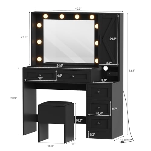 GarveeHome Makeup Vanity Desk and Stool, Vanity Desk with Lights & Charging Station, Drawers and Hidden Storage Shelves