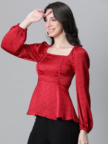Image of Women Solid Round Neck Elasticated Polka Print Long Sleeve Top
