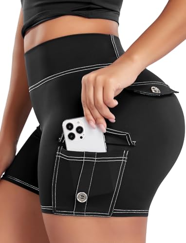 SEASUM Women's 4.5" Booty Lifting Scrunch Shorts One-Sided Cargo Pocket Yoga Denim-Look Bottoms Black L