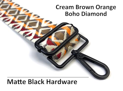Image of Cream Brown Orange Boho Diamond Purse Strap with Matte Black Hardware 2 Inch Wide Replacement Crossbody Guitar Style Shoulder Strap for Handbags Totes