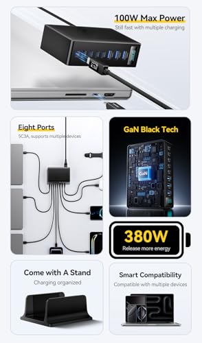 Image of INICIO 380W GaN 8 Port USB C Charger, 5 Type-C + 3 USB A 100W 65W PD Fast Charging Station For MacBook iPad Pro Air iPhone 17 16 15 Galaxy S26 S25 Ultra Z Fold XPS 13 /15 Pixel 10 9 Laptops Android etc