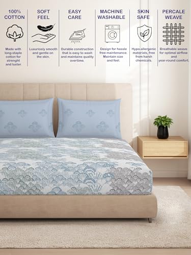 Image of Spaces Welspun Ease 120 TC 100% Cotton Geometric Design Double Bedsheet with 2 Pillow Covers - Soft Feel, Skin Friendly & Machine Washable - 224X254 Cm - Light Grey