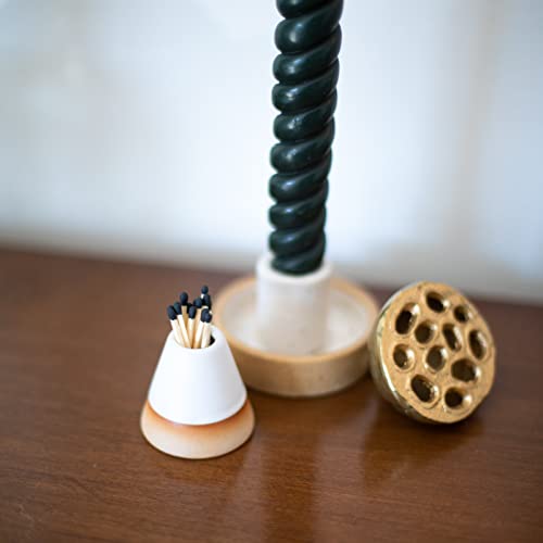 Decorative Ceramic Match Holder With Striker. For Kitchen, Fireplace & Bathroom. Cute Modern Matchstick Storage Jar For Lighting Candles & Burning Incense. Great Household Gift. White & Tan Conical #TOP7