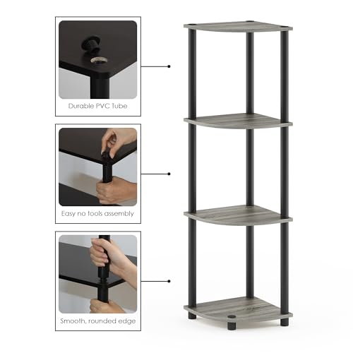 Image of Furinno Turn-N-Tube Toolless Assembly 4-Tier Storage Shelves, French Oak | Grey Corner Shelf, Open Storage Book Shelf, for Organization and Storage, Living Room, Home Office, Bedroom
