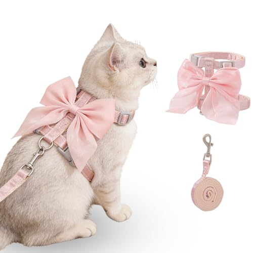 Tensho Pink Bow Cat Harness and Leash Set, Escape Proof, S | Silk Bow Decor, Soft Satin Front, Durable Nylon Lining, Adjustable Fit, Kitten Harness for Small & Average Girl Cats Walks