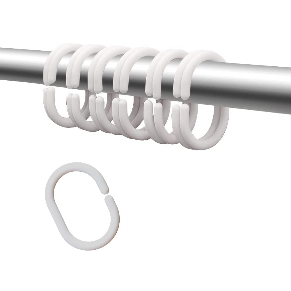 Plastic Shower Curtain Hooks C Shape Shower Curtain Rings for Bathroom Shower Rod Window Curtains Hanger (White, 12pack)
