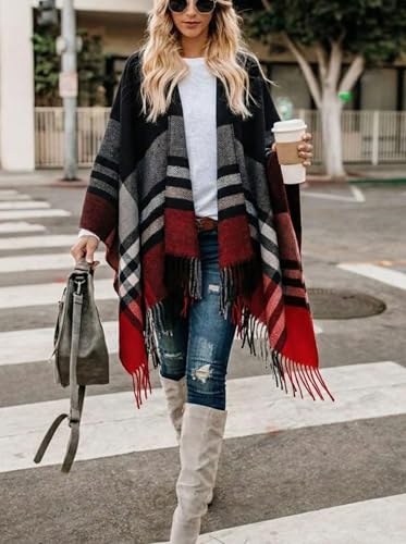 Image of Bestshe Women's Boho Open Front Poncho Plaid Shawl Wrap Cape